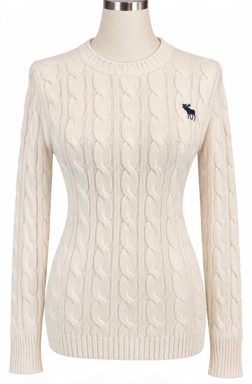 Abercrombie & Fitch New York Y2K Moose Logo Cable Knit Sweater Cream Small